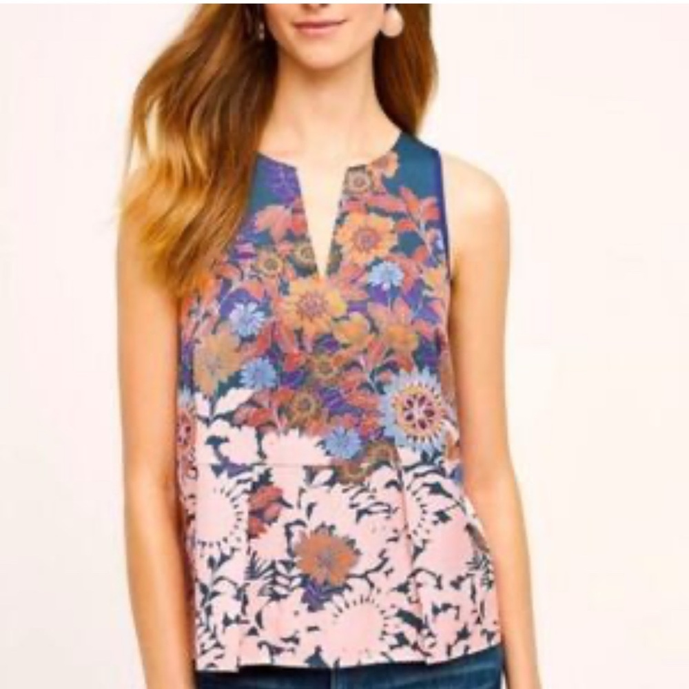 Anthropologie Top HD In Paris Elsie Pink Floral Sleeveless Zip Back Peplum Size2